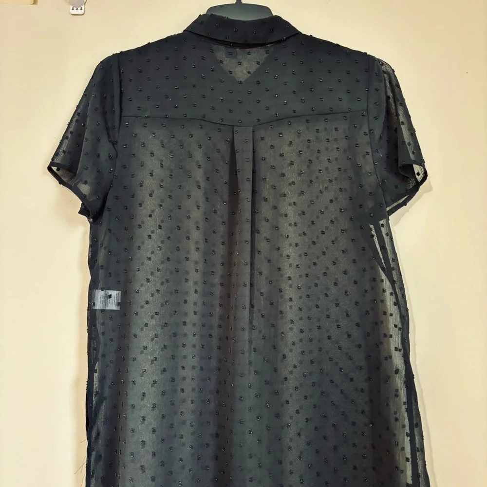 Elle black sheer button up high low short sleeve relaxed long shirt duster Small